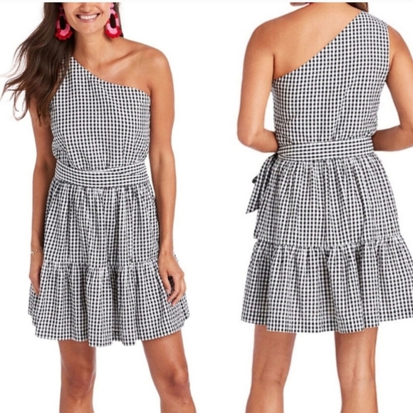 Vineyard Vines Gingham Seersucker One Shoulder Dress in Jet Black - Picture 1 of 13